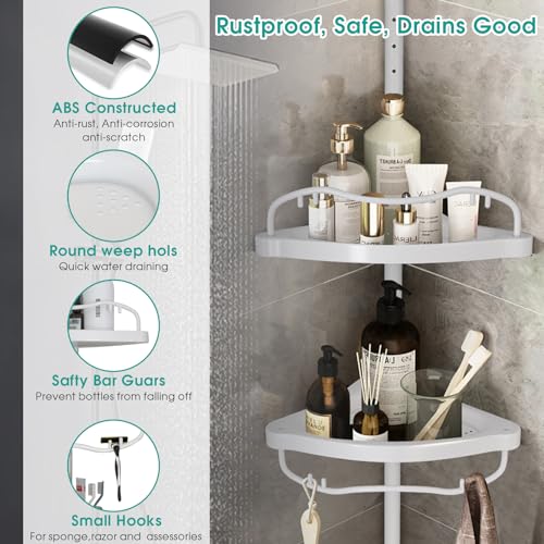 Corner Shower Caddy:125" Adjustable Inside Tension Shower Organizer Tension Pole,Rustproof Bathroom Organizer Shelves for Bathtub Shampoo Conditioner Storage,Floor to Ceiling Standing Showering Rack - color: White