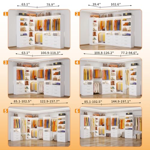 Closet System with 4 Sets, 8.5FT-21.5FT Corner Closet Organizer System with 9 Drawers & 12 Shelves & 8 Hanging Rods, L-Shaped Modular Closet System adjustable for Freestanding or Walk-in Closet, White