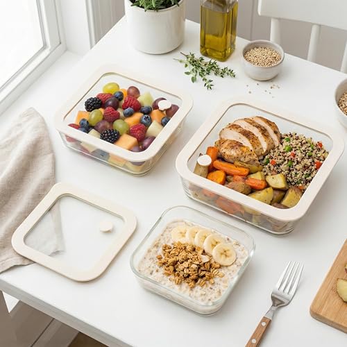 Urban Green Glass Food Container Set with Glass Lid, 3 Pack, Meal Prep Containers with Silicone Framed Airtight Lid, Leakproof, 100% Plastic Free, - color: White Sand-SQ