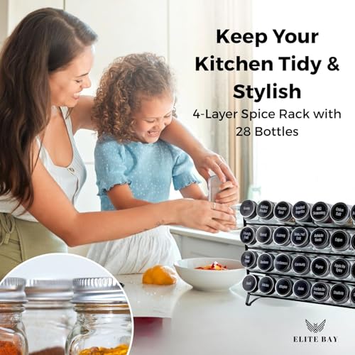 Spice Jar Rack with KEEP – 4-Tier Organizer with 28 Empty Bottles, 180 Waterproof Labels (55 Blanks), Funnel &Screws | Space-Saving Spice Storage Set for Kitchen Counter or Cabinet