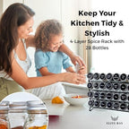 Spice Jar Rack with KEEP – 4-Tier Organizer with 28 Empty Bottles, 180 Waterproof Labels (55 Blanks), Funnel &Screws | Space-Saving Spice Storage Set for Kitchen Counter or Cabinet