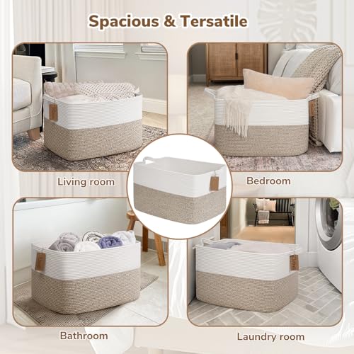 Goodpick Woven Storage Basket, 22”x17”x12” Large Blanket Storage for Living Room, Rope Baskets for Organizing, Rectangle Nursery Toy Box With Handles, Brown and White - color: Light Brown, size: 22"L x 17"W x 12"H