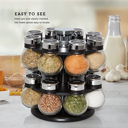 Kamenstein Ellington 16 Jar Revolving Spice Rack with Prefilled Spices - Rotating Chrome and Plastic Countertop Organizer with Sifter Caps and Labeled Lids - size: 16-Jar, style: 16-Jar Ellington