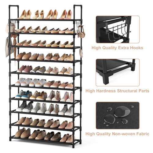 VTRIN 10 Tier Shoe Rack Tall Large Capacity Wide Shoe Organizer with Two Hooks Sturdy Metal Shoe Shelf for Entryway, Closet, Bedroom - color: Black, size: 32.3" Wide - 10 Tier