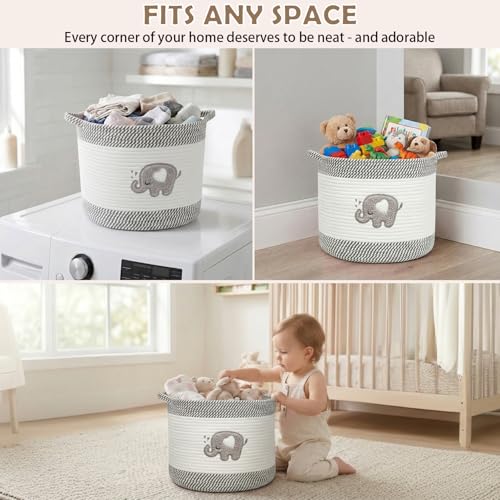 Baby Laundry Basket for Nursery, Baby Storage Baskets, Soft Foldable Cotton Rope Bin with Cute Embroidered Designs for Home Toys Organizer - color: Elephant