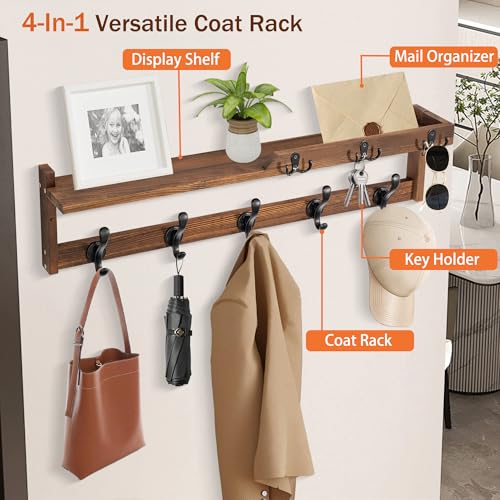 29'' Coat Rack Wall Mount with Shelf, Coat Hanger Wall Mount with Key Hooks and Mail Holder, Wood Entryway Floating Shelf with Hooks and Storage, Hat Rack for Wall Key Holder Mail Organizer - color: Brown, size: 29 Inch Long