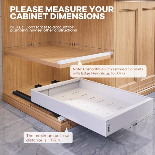 Seinloes 2 Pack Expandable Pull Out Cabinet Organizer 21" Deep with Raising Pad for Framed Cabinets,Upgrade 3 Slide Rails Slide Out Drawers,Roll Out Shelves Adhesive,Adjustable Width 9"-14.1" White - color: White, size: 21"D x 9"-14.1"W(2Pack)