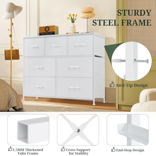 7-Drawer Dresser for Bedroom, Anti-Tip Wide Storage Organizer Fabric Chest of Drawers TV Stand for 45" TV with Wooden Top and Metal Frame for Closet, Living Room, Hallway, Entryway, White - color: White, size: 11.8"D x 39.3"W x 30.3"H (7 Drawers)