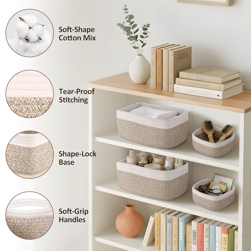 5-Pack Small Woven Rope Storage Baskets – 2 Sizes Organizer Bins for Closet, Shelf, Bookshelf, Nursery, Changing Table, Fabric Cube Boxes, Rectangular Shallow Bins for Bathroom, Toy & Home - color: Natural & White