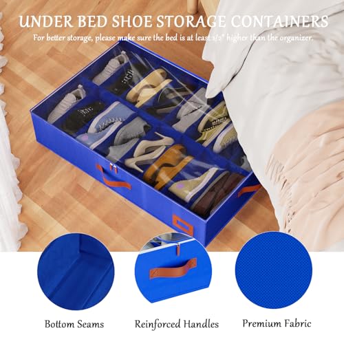 homyfort Under Bed Shoe Storage Organizer, Underbed Shoes Storage Containers, set of 2, fits up to 32 Pairs of Shoes (Blue) - color: Blue
