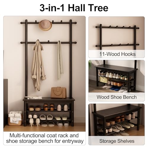 AQIMUELE Coat Rack with Shoe Storage, Wooden Hall Tree with Bench, 11 Hooks and 2-Tier Storage Shelves, 3-in-1, Entryway Bench with Coat Rack (31.5"-Deep Black) - color: Black, size: 31.5"