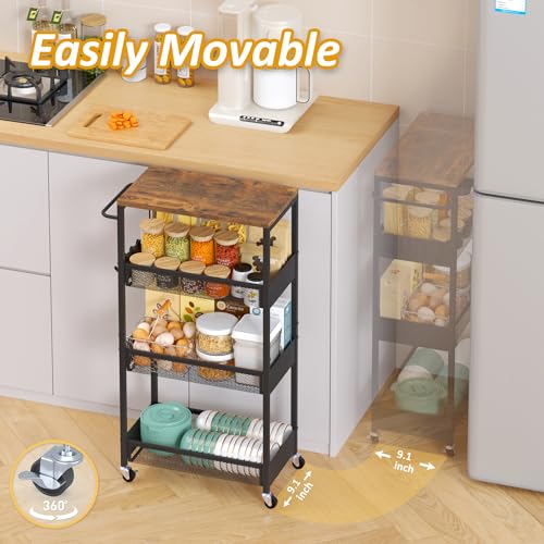 Vincona Slim Rolling Utility Cart, 4 Tier Metal Narrow Storage Cart with Handle and Wood Top, Multifunctional Small Mobile Shelf Unit Organizer Trolley for Laundry, Bathroom, Kitchen - color: Black, size: 9.1" wide