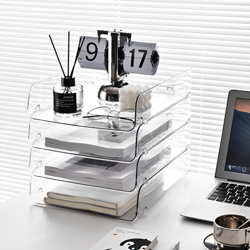Gagee 4 Pack Paper Organizer for Desk,Clear Stackable Paper Sray Holder, Office Desk Organizer for Notes, Pens, File, Document - size: 4 Vertical