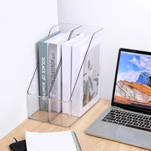 2 Pack Clear Magazine File Holder, PET Magazine Shelf Desk Book Organizer Vertical Binder Storage Case for Home School Office Table Organization Supplies