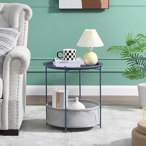 VECELO Round Side/End Table with Fabric Storage Basket，Metal Anti-Rust and Waterproof Small Bedside Nightstand with Removable Tray Top for Living Room，Balcony & Laundry，Blue /1pcs with Basket - color: Blue, size: 1 PCS with Basket