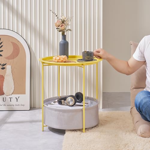 VECELO Round Side/End Table with Fabric Storage Basket，Metal Anti-Rust and Waterproof Small Bedside Nightstand with Removable Tray Top for Living Room，Balcony & Laundry，Yellow /1pcs with Basket - color: Yellow, size: 1 PCS