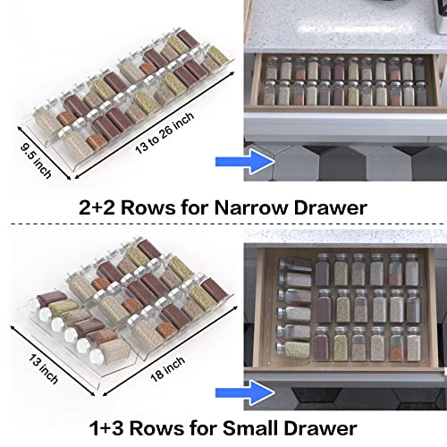 Jadehom 19 x 13 Inches Spice Drawer Organizer, 4 Tier Clear Acrylic Expandable In-Drawer Seasoning Jars Rack, Kitchen Drawer Spice Insert Tray for Cabinet/Countertop - size: 4 Pcs x 13 inch Width