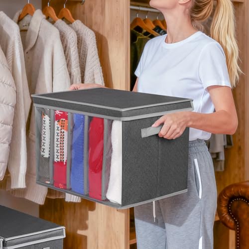 Zilink Upgraded Sweater Organizer for Shelf with Lids and Support Boards Clothes Organizer for Closet with 5 Grids Divider Sweater Storage Bins for Sweaters, Jeans, Pants, Black Pattern, 3 Pack - color: Black Pattern - For Sweater