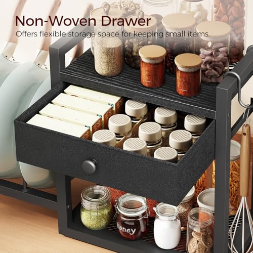 MAHANCRIS Countertop Shelf Organizer, Pots and Pans Organizer Rack, Pot Lid Holder with 1 Drawer, Pot Lid Organizer Holder with 2 Hooks, for Kitchen, Dining Room, Black POBK2201 - color: Black