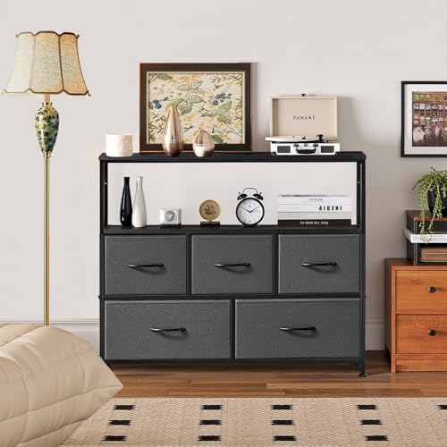 TV Stand, 5 Fabric Drawers Dresser Entertainment Center for TV up to 45 inch Wooden Media Console Table Storage Organizer with Open Shelf, for Living Room, Bedroom, or Small Space, Gray - color: Grey, size: 5 Drawers