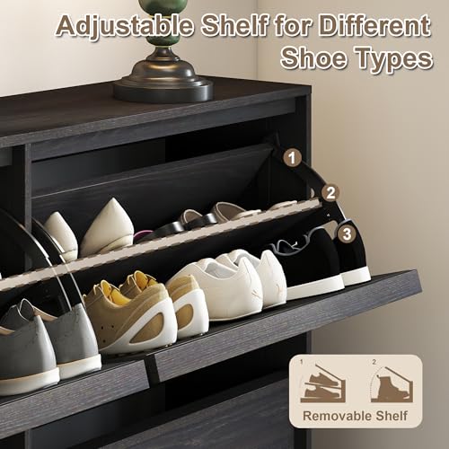 Shoe Cabinet with 4 Flip Drawers, Modern Narrow Shoe Storage Cabinet Organizer with Adjustable Shelf, Hidden Freestanding Shoe Rack for Entryway, Hallway, Living Room, Black - color: Black, size: 9.45"D x 47.24"W x 31.5"H(4 drawers)