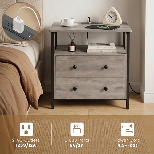 Edbuosy 27 inch Wide Night Stand with Charging Station, Bedside Table with Open Shelf, 2 Drawers Small Wood Dresser, Modern Wood Nightstand for Bedroom/Living Room (Rustic Gray) - color: Rustic Gray, size: 2 Drawers