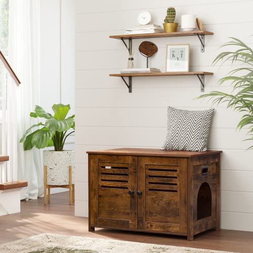 DINZI LVJ Long Wall Shelves, Set of 4, 31.5Inch Wall Mounted Shelves, Extra Large Wall Storage Ledges with Sturdy Metal Brackets for Living Room, Bathroom, Bedroom, Kitchen, Rustic Brown - color: Rustic Brown, size: 31.5 Inch (4 Pack)