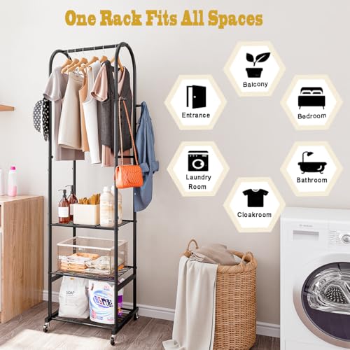 SUOERNUO Clothes Rack With Wheels and 3-Tier Metal Shelves,Clothing Rack For Hanging Clothes With 4 Hooks,Garment Rack Wardrobe Organizer for Small Space,Black (black, 16.54 * 18.23 * 72.05) - color: black