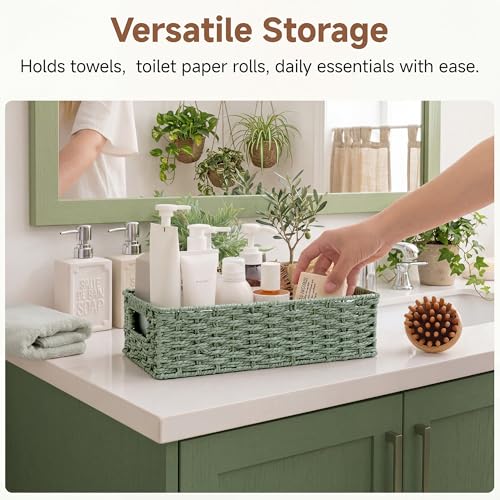 StorageWorks Small Wicker Toilet Basket Tank Topper with Built-in Handles, Toilet Paper Baskets for Back of Tank, Paper Rope Bathroom Basket Organizer and Storage for Sage Green Bathroom Decor, Green - color: Green