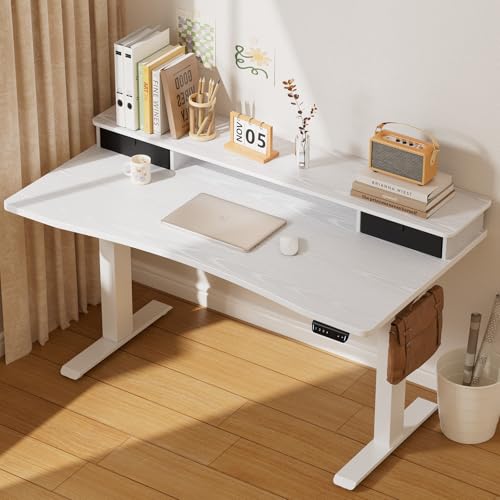 Veken 47.2"×27.6" Home Office Standing Desk with Monitor Riser, Adjustable Computer Desk with Drawers, Ergonomic Desk for Work, Study, Gaming, Crafting, White - color: White