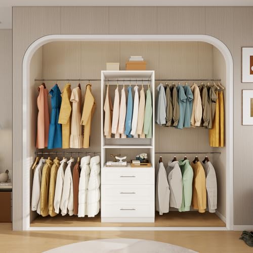 Vomavex Closet System, 4FT-8FT-9FT Closet Organizer With Drawers Wooden, Walk in Closet System with 5pcs Hanging Rods and Shelves Storage, Closet Built in System Wardrobe Organizer, White - color: 4-9FT