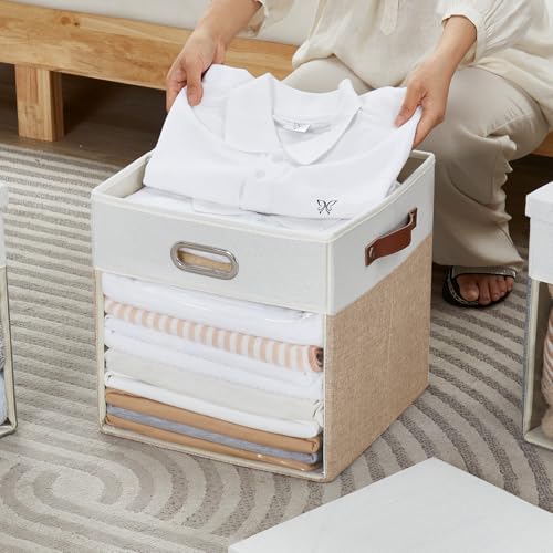 Ultra Thick Fabric Storage Cubes with Lids & Windows, 13-Inch Foldable Closet Storage Bins with 3 Handles, Home Decorative Boxes for Bedroom, Living Room, Dorm, Office (Beige & White) - color: Beige&White, size: 13"L x 13"W x 13"H