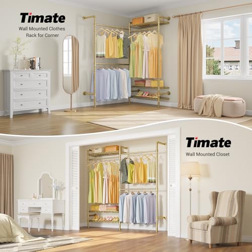 Timate F2 Industrial Pipe Clothes Rack Wall Mounted Clothing Rack for Hanging Clothes, Expandable Garment Rack Heavy Duty Wardrobe Closet Organizer and Storage, Adjustable Industrial Closet Kit, Gold - color: Gold, style: Timate F2