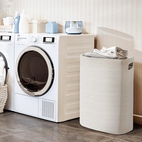 MEGASKET Large Laundry Hamper 16"x13"x22" - Tall Woven Laundry Basket, Cotton Rope Dirty Clothes Hamper, Baby Kids Nursery Wicker Laundry Basket, Bedroom Aesthetic, Soft Laundry Bin, White Hamper, 75L - color: White