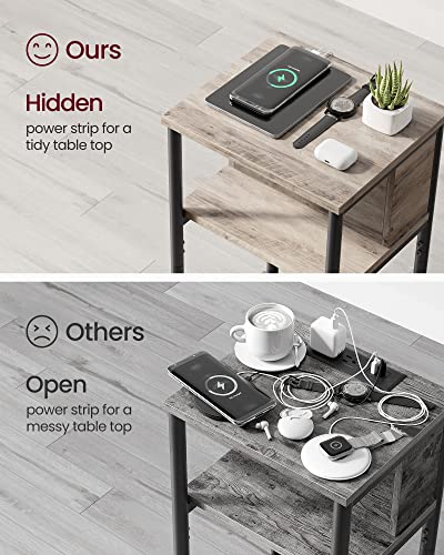 VASAGLE Side Table with Charging Station, 3-Tier End Table with USB Ports and Outlets, Nightstand for Living Room, Bedroom, 11.8 x 13.4 x 22.8 Inches, Plug-in Series, Greige and Black - color: Greige + Black