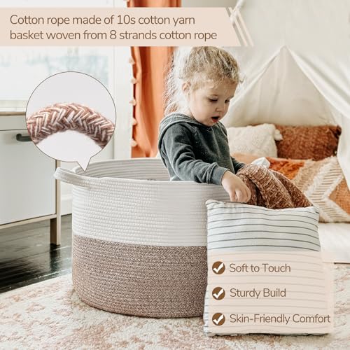 INDRESSME XXXLarge Blanket Basket for Living Room 21.7" x 21.7" x 13.8"-Storage Basket with Handle for Organizing Toy Pillows Woven Cotton Rope Laundry Basket Stuffed Animal Toy Storage for Play Room - color: White & Brown, size: 21.7"D x 13.8"H