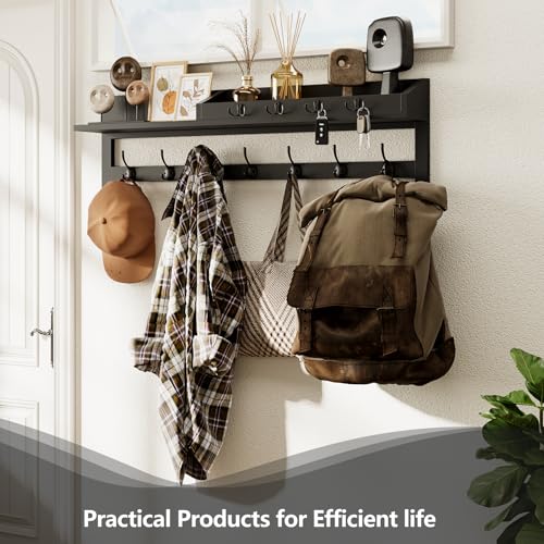 AMBIRD 35 inch Wall Hooks with Shelf, Coat Rack Wall Mount, Large Coat Hanger for Wall, Entryway Shelf with 7 Dual Coat Hooks, 4 Key Hooks and Mail Organizer, Wooden Key Holder Rack (Black) - color: Black, size: 35" L