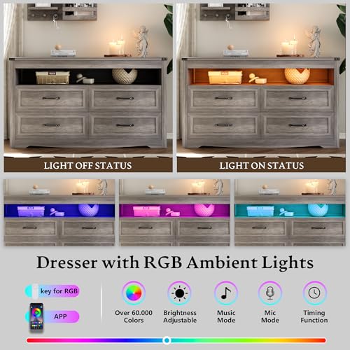 Dresser for Bedroom with 4 Drawers, Farmhouse Chest of Drawers with Natural Texture and LED Lights, Wide Wood Rustic Closet Storage Organizer, Modern Dresser TV Stand for Living Room, Entryway, Grey - color: Grey, size: 13.8"D x 47.2"W x 29.5"H (4 Drawers