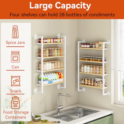 IBUYKE Spice Rack Wall Mount,4 Tier Hanging Seasoning Organizer,Spice Rack for Wall for up to 50 Jars,Spice Organization for Kitchen Cabinet,Living Room,Bathroom,Pantry,Natural TLJ016R - color: White