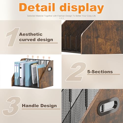 Piskyet Binder Organizer for Desk,Wooden Desk Magazine File Holder with 5 Vertical Compartments Rack File Organizer for Teacher Office Desktop,Home Workspace