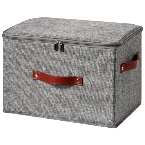 Storage Bin Box with Zippered Lid Cotton Linen Fabric Decorative Basket with PU Leather Handles PP Plastic Board Foldable Lidded Clothing Shelf Closet Organizer Container (Gray, Large) - color: Gray, size: Large ( Pack of 1 )