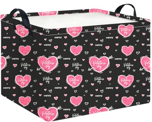 CLOCOR Rectangular Black Heart Gift Basket for Valentines' Day, Collapsible Cute Pattern Storage Bin,Waterproof Books Box with Handles,Gift Basket(Happy Valentine) - color: Happy Valentine