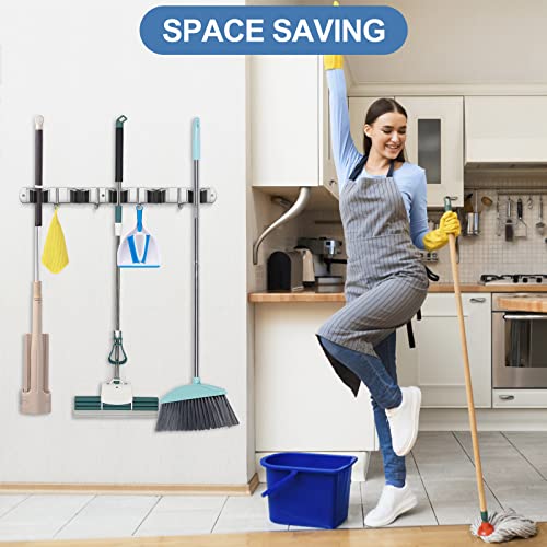 IMILLET Broom Holder Wall Mounted, Stainless Steel Broom Mop Holder Self Adhesive Heavy Duty Hooks Storage Organizer for Home Laundry Room Garden Garage Closet Kitchen 1 Pack（5 Racks with 4 Hooks） - color: 5 Racks with 4 Hooks, size: 1 Pack
