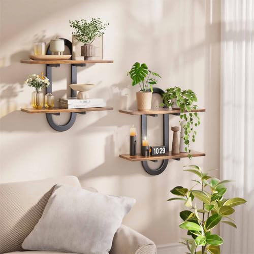 Arched Floating Shelves Set of 2, 15" Vintage Distressed Wall Mounted Shelves with Capsule Frame, Rustic Burnt Wood Hanging Shelves for Bathroom, Living Room, Kitchen, Brown - color: Brown