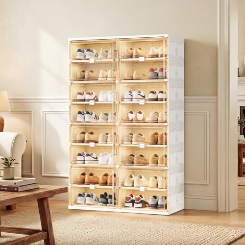JEKO&JEKO 8 Tiers Foldable Shoe Rack Organizer Cabinet for Closet Entryway, Large Collapsible Shoe Storage Box with Magnetic Doors Fits Up to 32 Pairs (White) - color: Double-row, size: 8 Tiers (Standard Tiers Only)