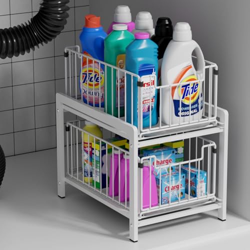 2 Tier Sliding Basket Drawer Organizer, Lxmons Pull Out Under Sink Cabinets Organizers, Metal Home Shelf for Bathroom or Kitchen, Sliding Countertop or Pantry Storage Shelf, Large White - color: White