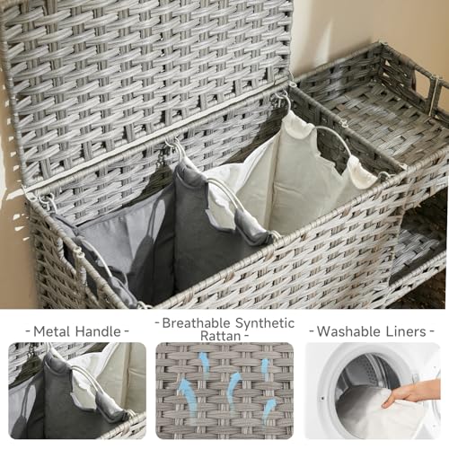 Laundry Hamper with Wheels, 42.3 Gal.(160 L) Laundry Sorter with Shelves, Rattan Clothes Hamper with 4 Removable Liners & 3 Mesh Bags, Handwoven Organizer for bedroom, bathroom, laundry room, Grey - color: Grey
