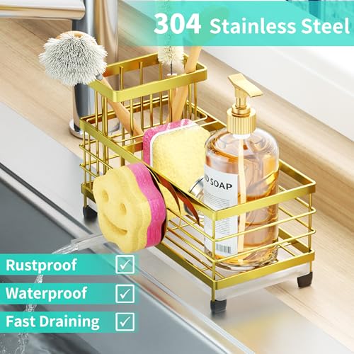 HapiRm Sink Caddy Sponge Holder - Self-draining Kitchen Sink Organizer with Smiley Face and Brush Holder, Stainless Steel Kitchen Organizer for Countertop - Gold - color: Gold, size: Twin
