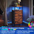 Furnulem 5 Drawer Dresser for Bedroom, Tall Nightstand with Led Light and Charging Station, Small Night Stand Bedside Table, Fabric Bins, Metal Frame, Wood Shelf, Side Furniture(Rustic Brown) - color: Rustic Brown, style: 5 Drawer