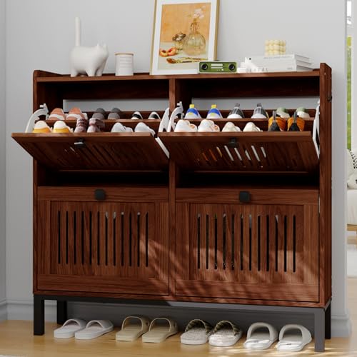 4-Door Flip Front Shoe Cabinet with Adjustable Shelves – Hidden Entryway Storage Organizer for Hallway, Foyer, Living Room – Freestanding Wooden Shoe Rack with Large Capacity & Modern Design, Walnut - color: Walnut, size: 9.45"D x 41.34"W x 37.9"H